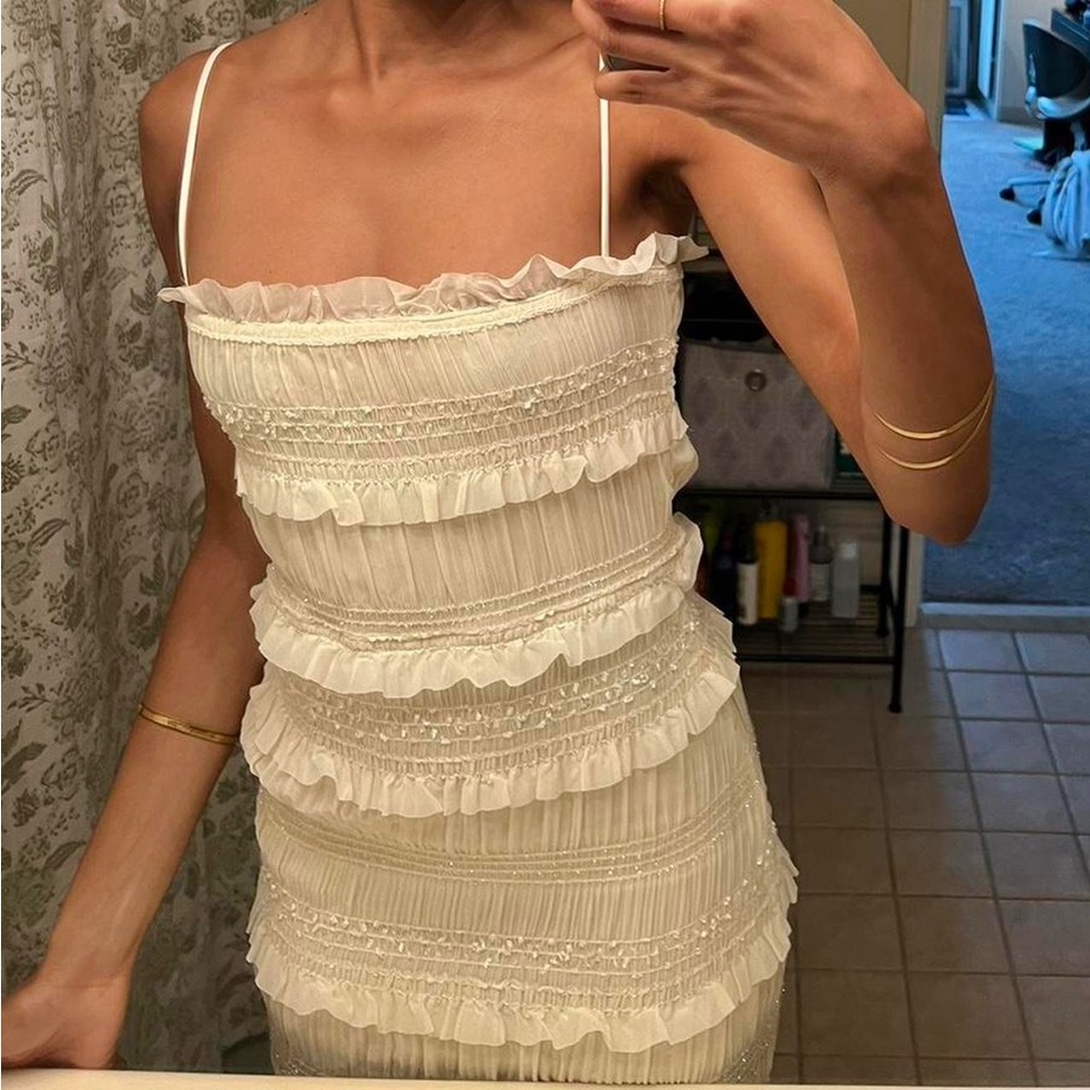 White ruched smocked midi maxi ruffle tiered dress - Picture 8 of 11